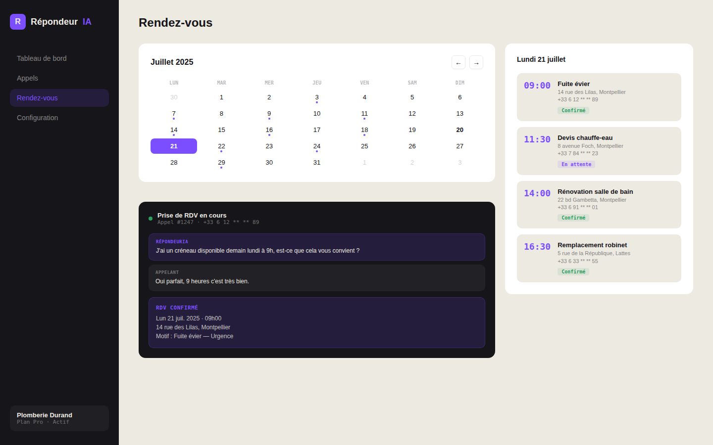 Prise de rendez-vous — calendrier mensuel avec liste des RDV du jour et aperçu live de l'agent qui cale un créneau