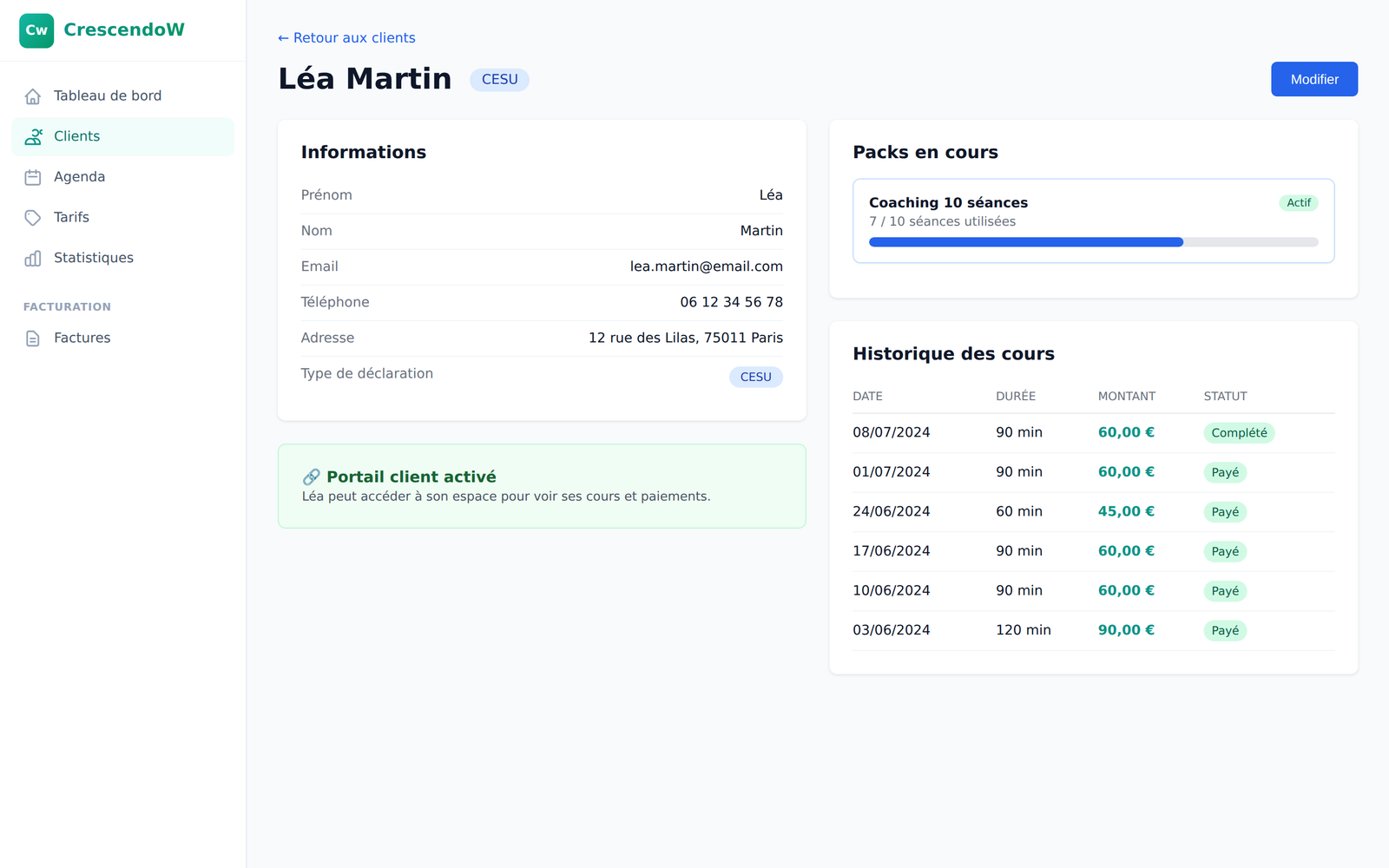 Fiche client — infos, badges CESU, packs, historique des cours