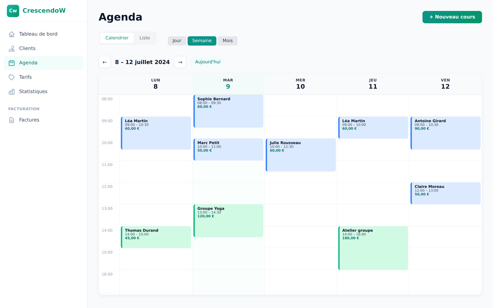 Agenda — planning hebdomadaire avec blocs colorés